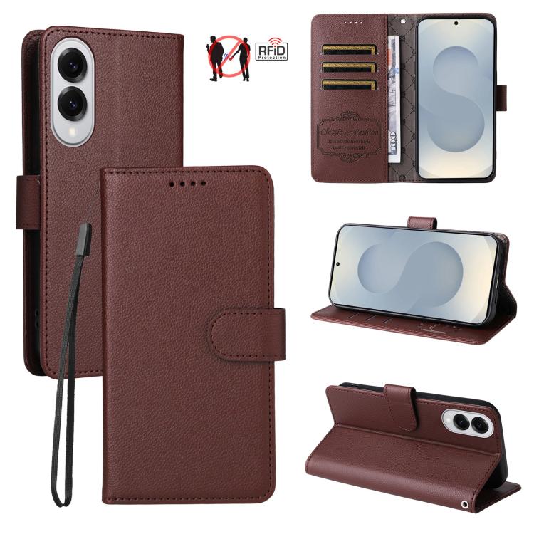 

For Samsung Galaxy S25 Edge 5G Litchi Texture RFID Blocking 3-Card Wallet Leather Phone Case(Brown)