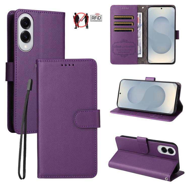 

For Samsung Galaxy S25 Edge 5G Litchi Texture RFID Blocking 3-Card Wallet Leather Phone Case(Purple)