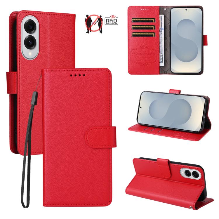 

For Samsung Galaxy S25 Edge 5G Litchi Texture RFID Blocking 3-Card Wallet Leather Phone Case(Red)