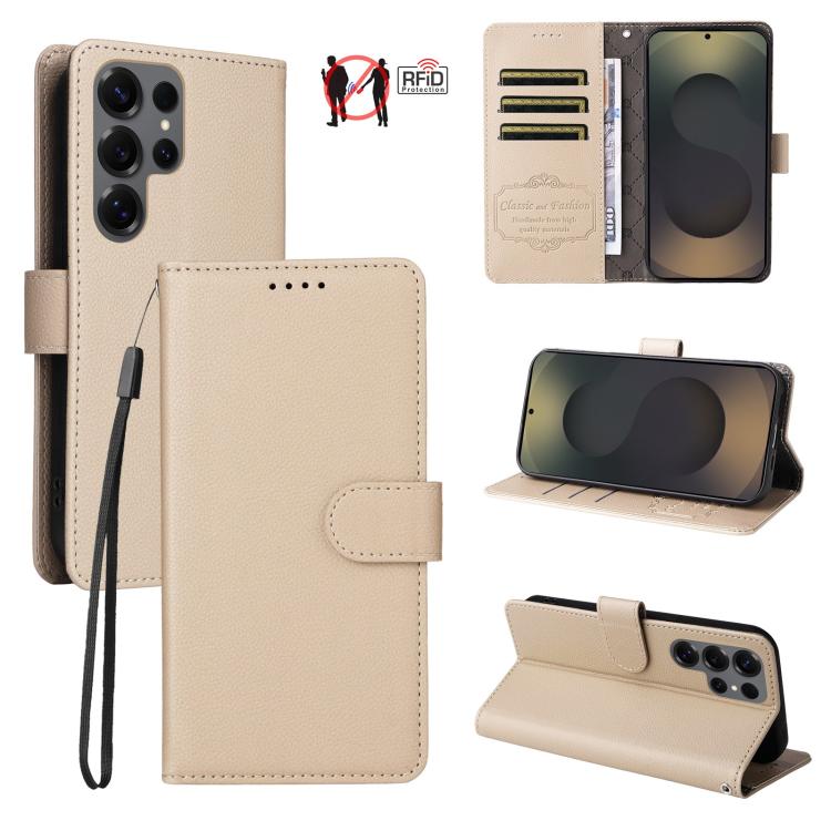 

For Samsung Galaxy S25 Ultra 5G Litchi Texture RFID Blocking 3-Card Wallet Leather Phone Case(Beige)