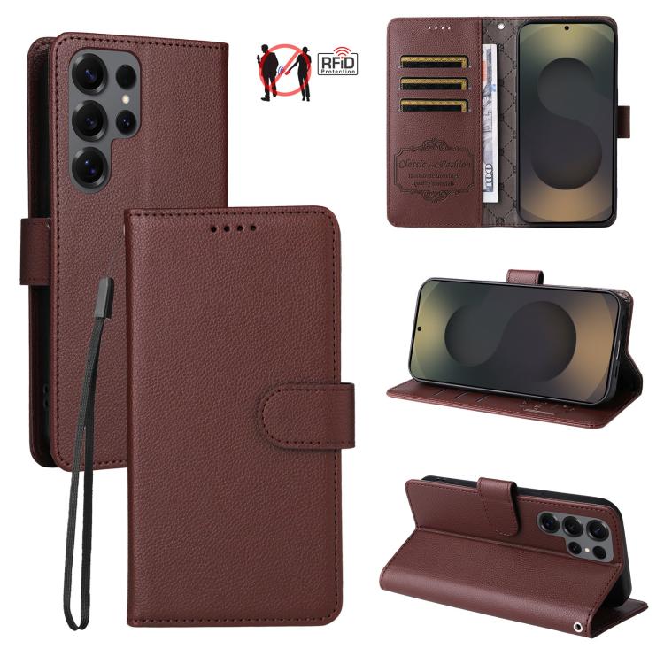 

For Samsung Galaxy S25 Ultra 5G Litchi Texture RFID Blocking 3-Card Wallet Leather Phone Case(Brown)
