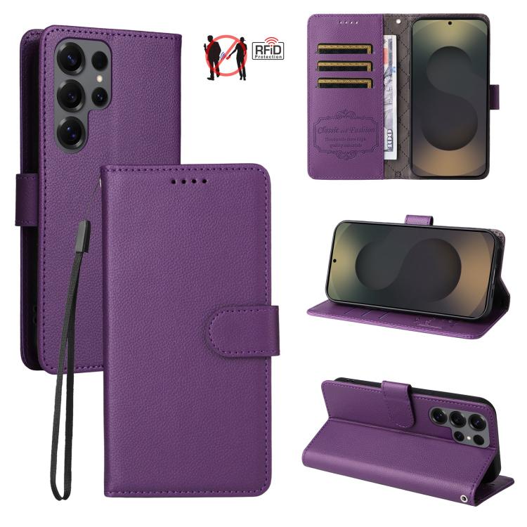 

For Samsung Galaxy S25 Ultra 5G Litchi Texture RFID Blocking 3-Card Wallet Leather Phone Case(Purple)