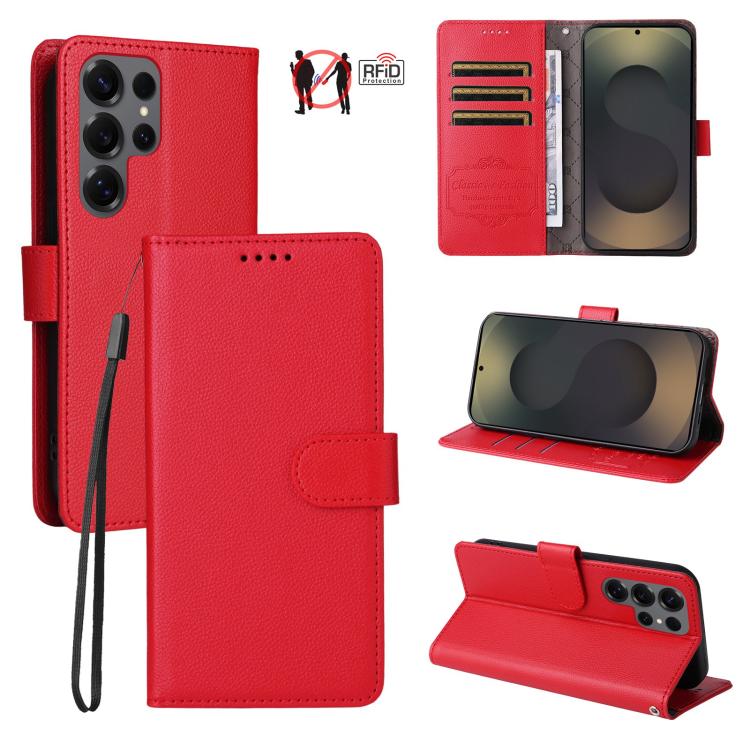

For Samsung Galaxy S25 Ultra 5G Litchi Texture RFID Blocking 3-Card Wallet Leather Phone Case(Red)