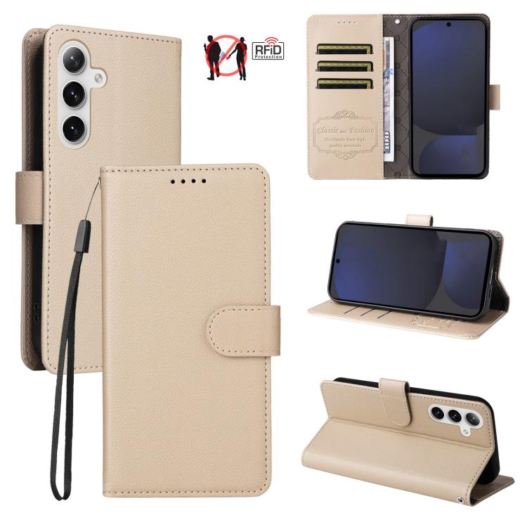 

For Samsung Galaxy S24 FE 5G Litchi Texture RFID Blocking 3-Card Wallet Leather Phone Case(Beige)