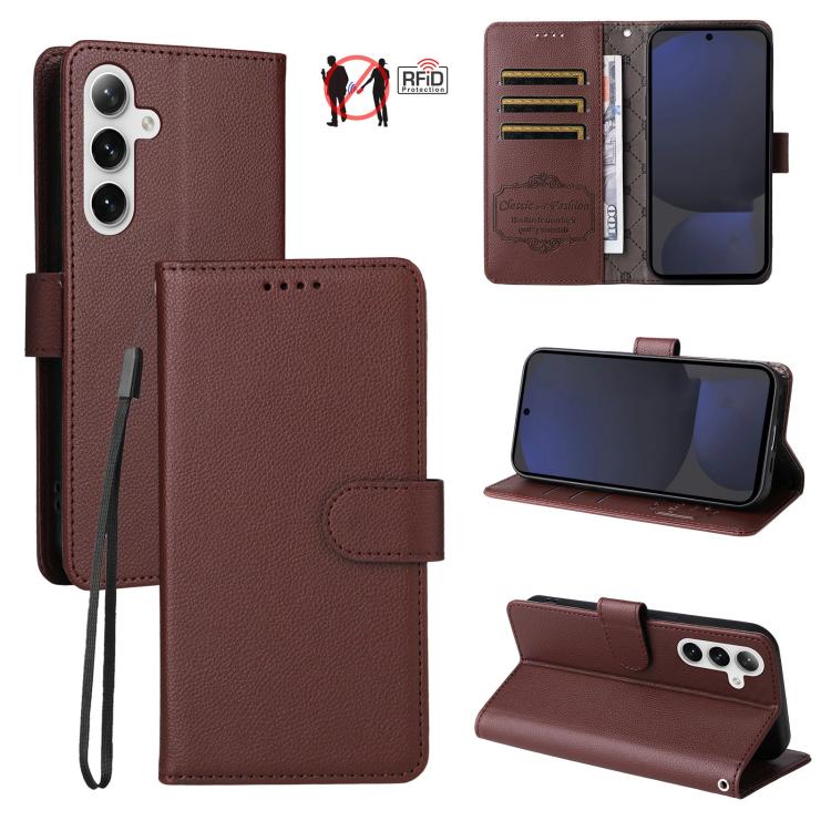 

For Samsung Galaxy S24 FE 5G Litchi Texture RFID Blocking 3-Card Wallet Leather Phone Case(Brown)