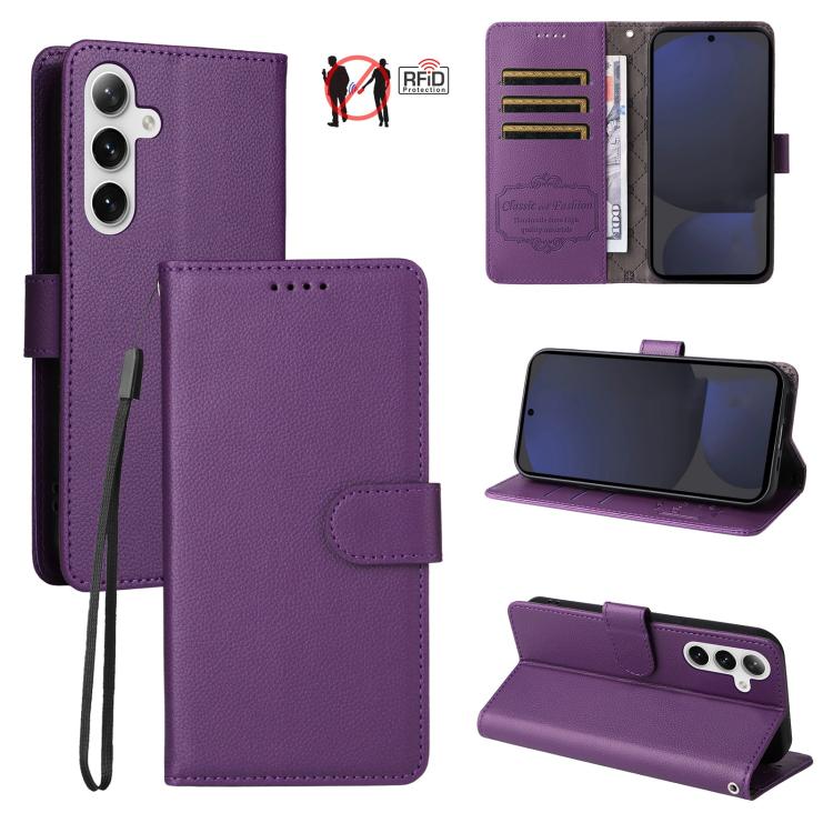 

For Samsung Galaxy S24 FE 5G Litchi Texture RFID Blocking 3-Card Wallet Leather Phone Case(Purple)