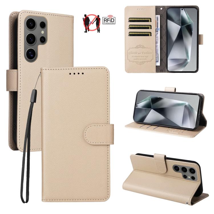For Galaxy S24 Ultra 5G Litchi Texture RFID Blocking 3-Card Wallet Leather Phone Case(Beige)