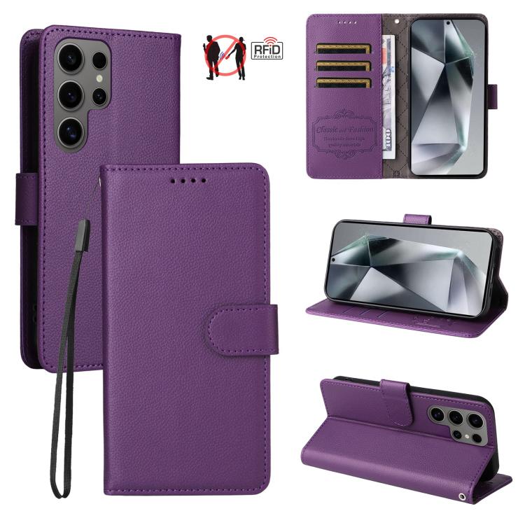 

For Samsung Galaxy S24 Ultra 5G Litchi Texture RFID Blocking 3-Card Wallet Leather Phone Case(Purple)