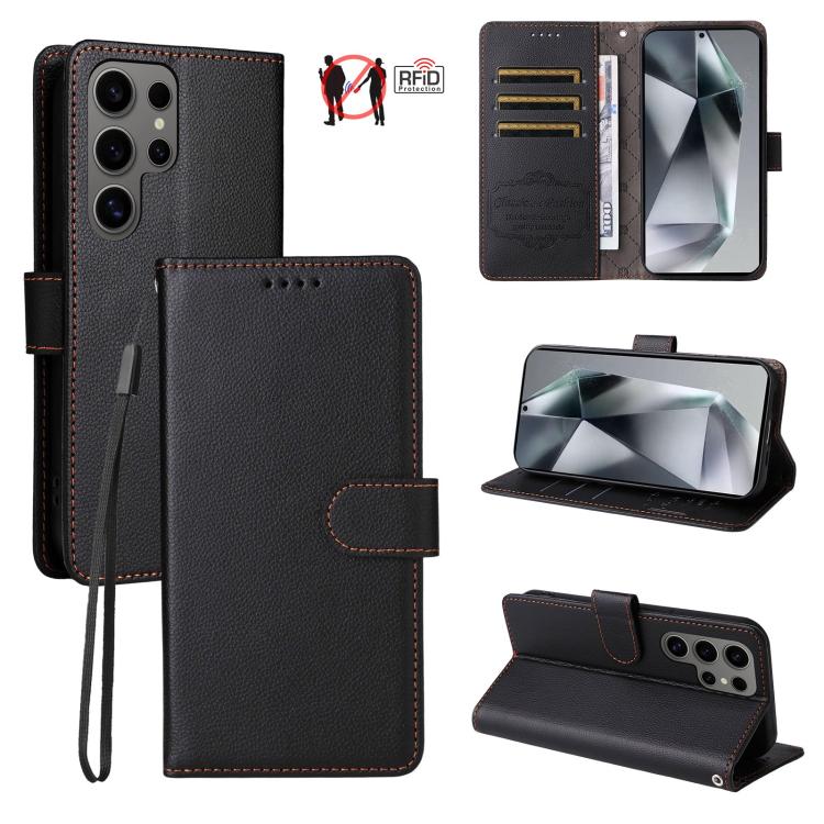 

For Samsung Galaxy S24 Ultra 5G Litchi Texture RFID Blocking 3-Card Wallet Leather Phone Case(Black)