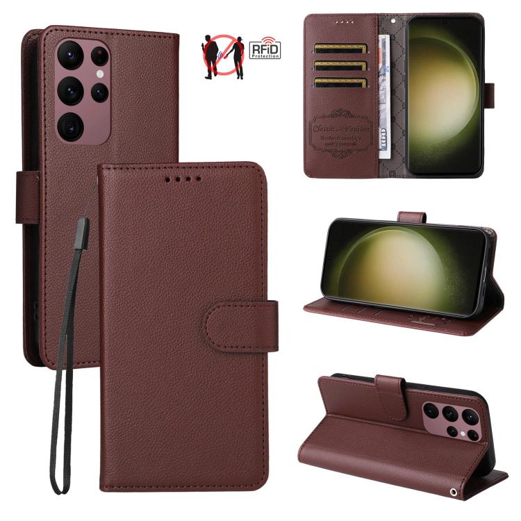

For Samsung Galaxy S23 Ultra 5G Litchi Texture RFID Blocking 3-Card Wallet Leather Phone Case(Brown)