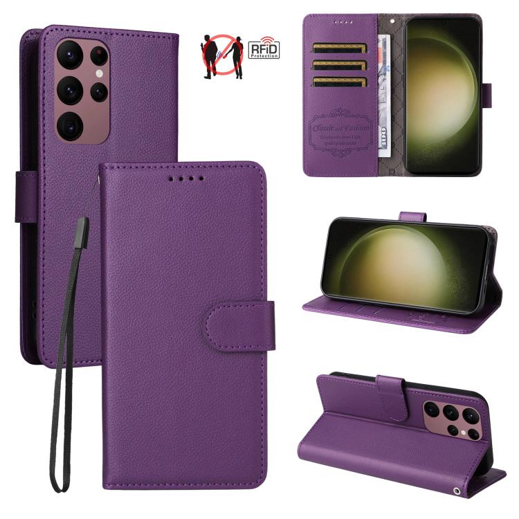 

For Samsung Galaxy S23 Ultra 5G Litchi Texture RFID Blocking 3-Card Wallet Leather Phone Case(Purple)
