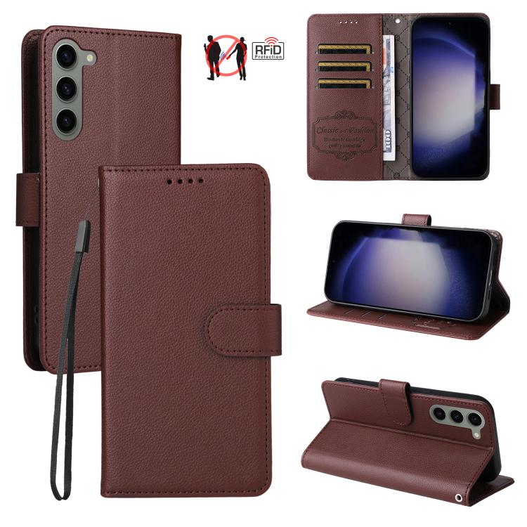 

For Samsung Galaxy S23 5G Litchi Texture RFID Blocking 3-Card Wallet Leather Phone Case(Brown)