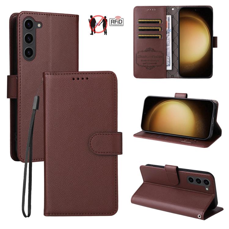 

For Samsung Galaxy S23+ 5G Litchi Texture RFID Blocking 3-Card Wallet Leather Phone Case(Brown)