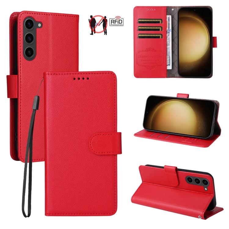 

For Galaxy S23+ 5G Litchi Texture RFID Blocking 3-Card Wallet Leather Phone Case(Red)