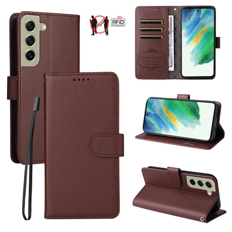 

For Samsung Galaxy S21 FE 5G Litchi Texture RFID Blocking 3-Card Wallet Leather Phone Case(Brown)