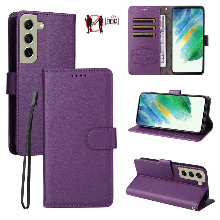 

For Samsung Galaxy S21 FE 5G Litchi Texture RFID Blocking 3-Card Wallet Leather Phone Case(Purple)