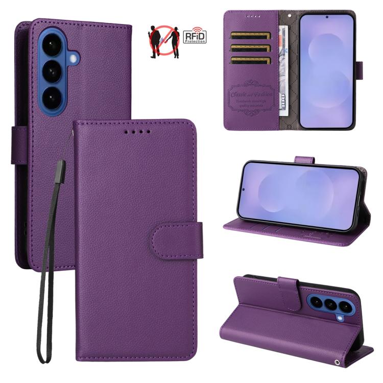 For Galaxy S26+ 5G Litchi Texture RFID Blocking 3-Card Wallet Leather Phone Case(Purple)