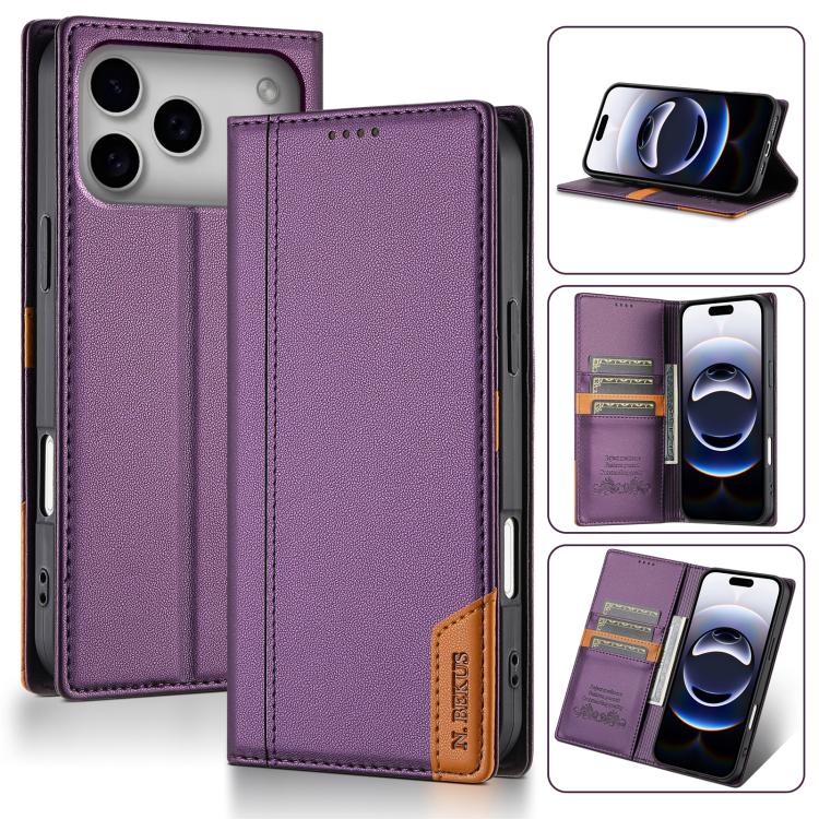 

For iPhone 17 Pro Max N.BEKUS P3 RFID Stitching Magnetic Flip Leather Phone Case(Purple)