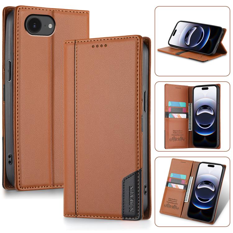 

For iPhone 16e N.BEKUS P3 RFID Stitching Magnetic Flip Leather Phone Case(Brown)