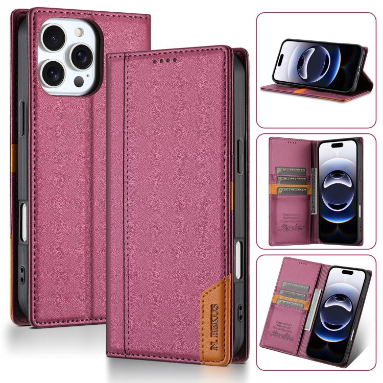 

For iPhone 16 Pro Max N.BEKUS P3 RFID Stitching Magnetic Flip Leather Phone Case(Wine Red)