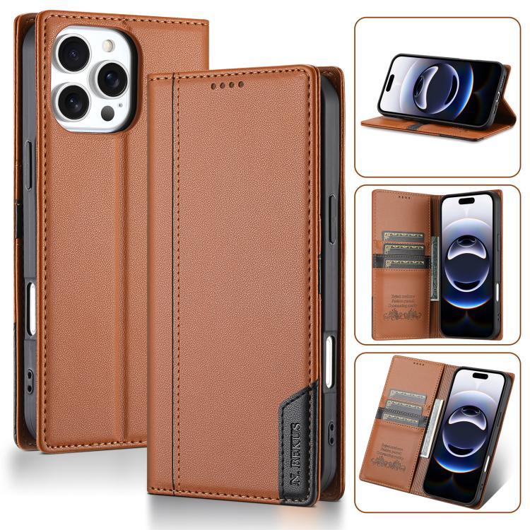 

For iPhone 16 Pro Max N.BEKUS P3 RFID Stitching Magnetic Flip Leather Phone Case(Brown)