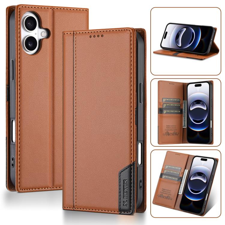 

For iPhone 16 Plus N.BEKUS P3 RFID Stitching Magnetic Flip Leather Phone Case(Brown)