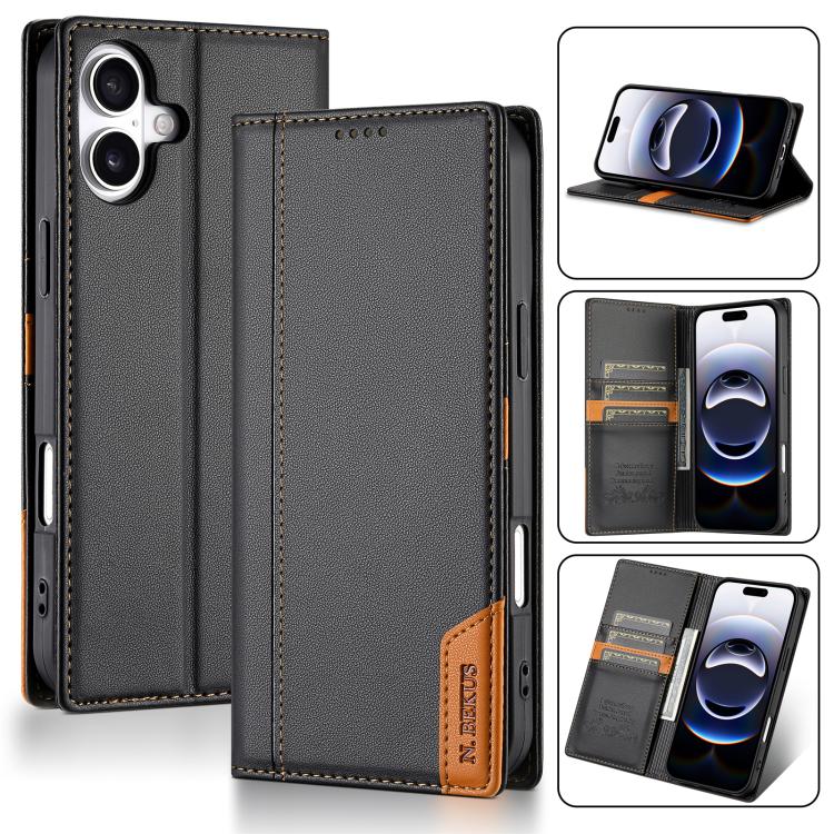 

For iPhone 16 N.BEKUS P3 RFID Stitching Magnetic Flip Leather Phone Case(Black)