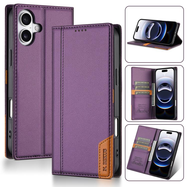 

For iPhone 16 N.BEKUS P3 RFID Stitching Magnetic Flip Leather Phone Case(Purple)