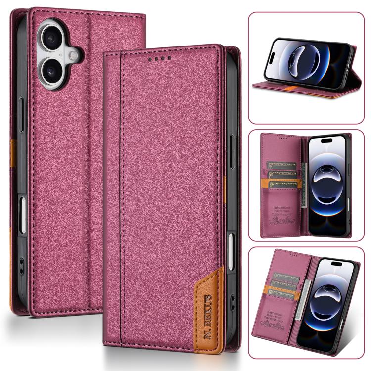 

For iPhone 16 N.BEKUS P3 RFID Stitching Magnetic Flip Leather Phone Case(Wine Red)