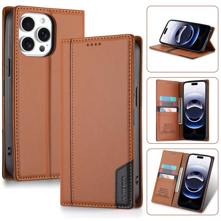 

For iPhone 15 Pro Max N.BEKUS P3 RFID Stitching Magnetic Flip Leather Phone Case(Brown)