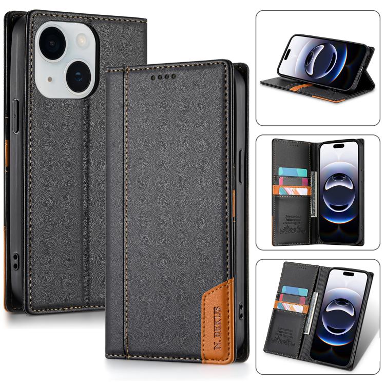 

For iPhone 15 Plus / 14 Plus N.BEKUS P3 RFID Stitching Magnetic Flip Leather Phone Case(Black)