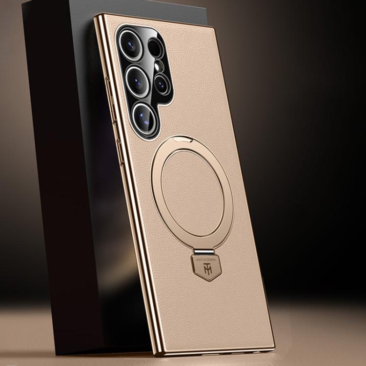 

For Samsung Galaxy S24 Ultra 5G Plain Leather MagSafe Holder Phone Case(Gold)