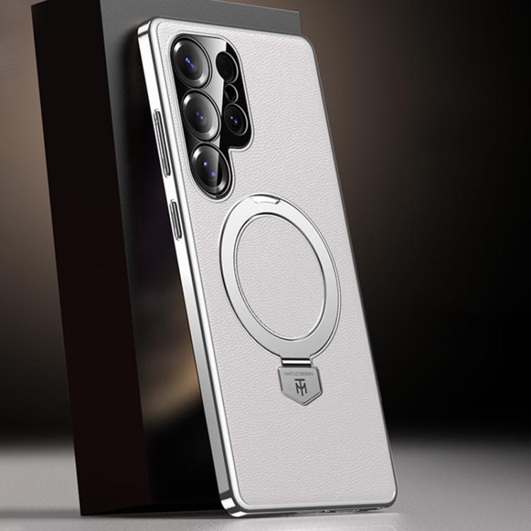 

For Samsung Galaxy S25 Ultra 5G Plain Leather MagSafe Holder Phone Case(White)