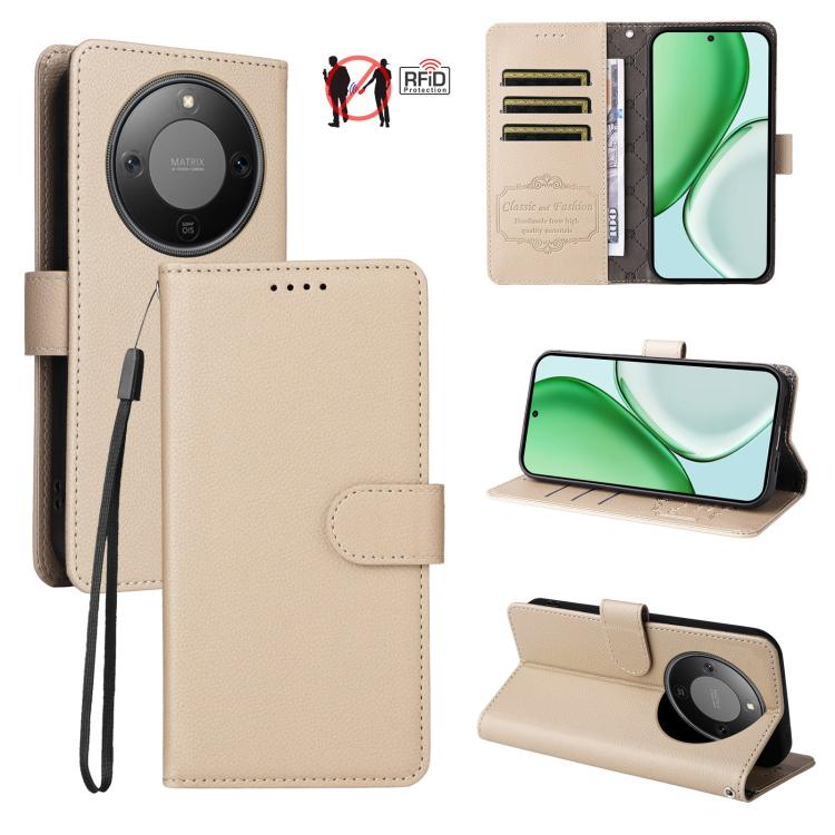 

For Honor X70 5G Litchi Texture RFID Blocking 3-Card Wallet Leather Phone Case(Beige)