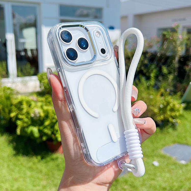 

For iPhone 17 Pro Max MagSafe Magnetic Clear Phone Case with Wrist Strap(White)