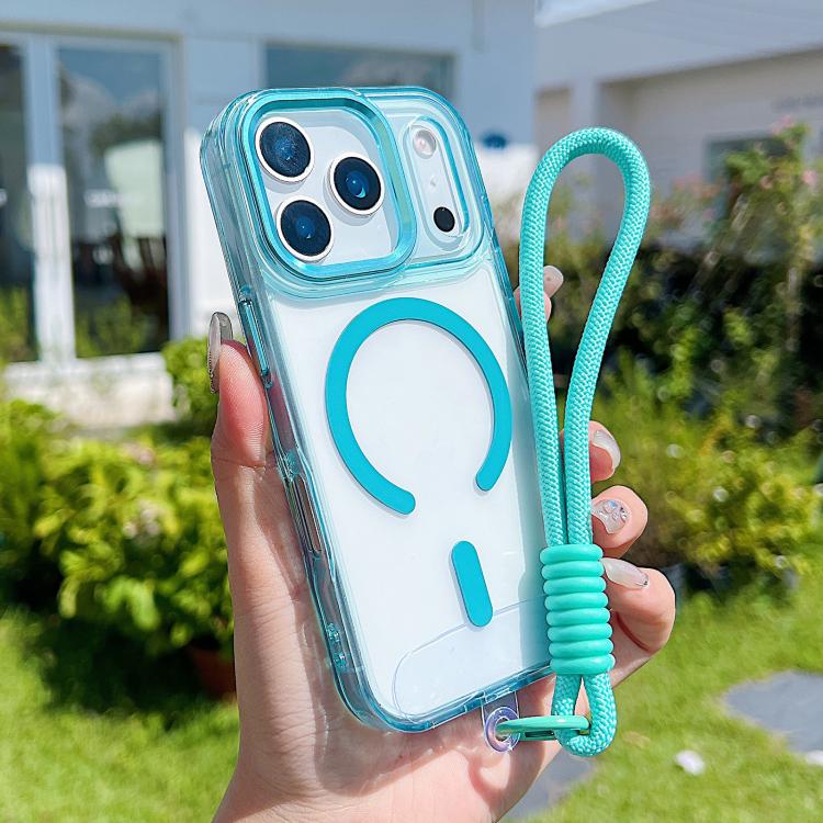 

For iPhone 17 Pro MagSafe Magnetic Clear Phone Case with Wrist Strap(Blue)