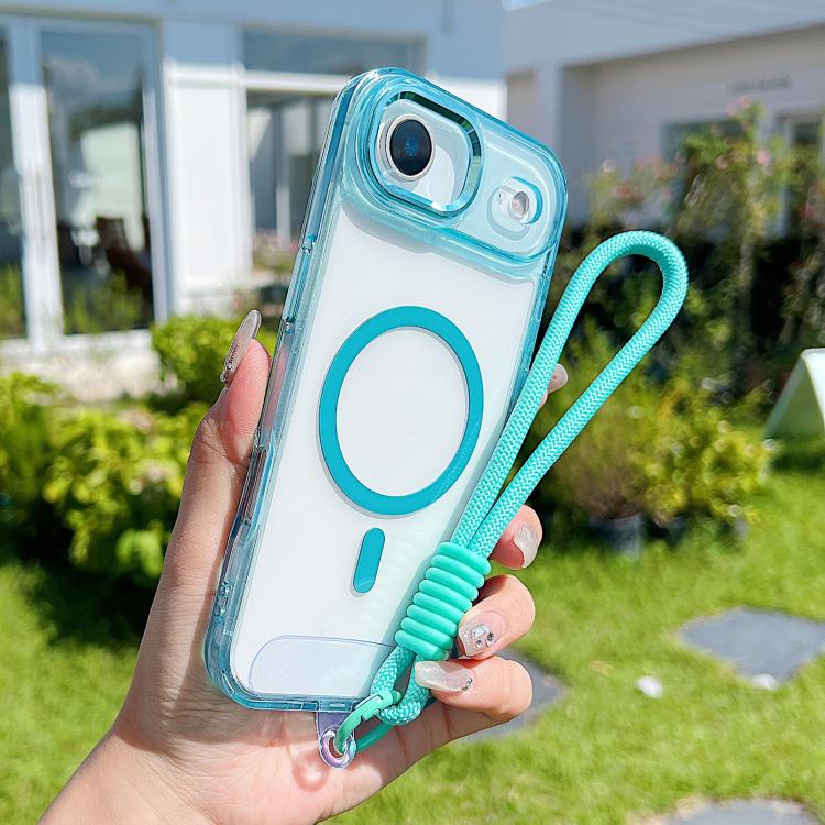 

For iPhone Air MagSafe Magnetic Clear Phone Case with Wrist Strap(Blue)