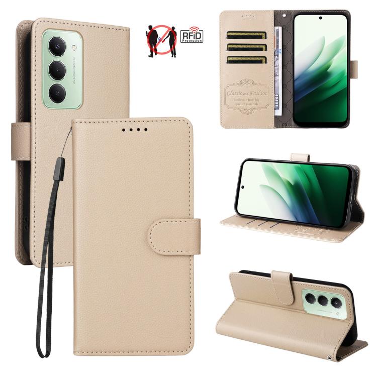 

For Redmi 15 5G 169.5mm Litchi Texture RFID Blocking 3-Card Wallet Leather Phone Case(Beige)