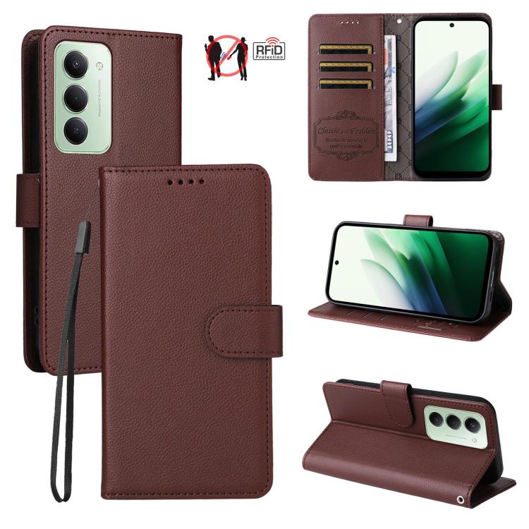 

For Redmi 15 5G Global / 15 4G SEA 169.5mm Litchi Texture RFID Blocking 3-Card Wallet Leather Phone Case(Brown)