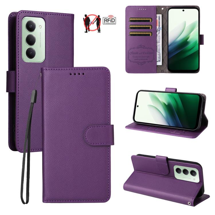 

For Redmi 15 5G Global / 15 4G SEA 169.5mm Litchi Texture RFID Blocking 3-Card Wallet Leather Phone Case(Purple)