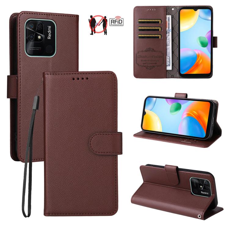 

For Redmi 10C / 10 India / 10 Power Litchi Texture RFID Blocking 3-Card Wallet Leather Phone Case(Brown)