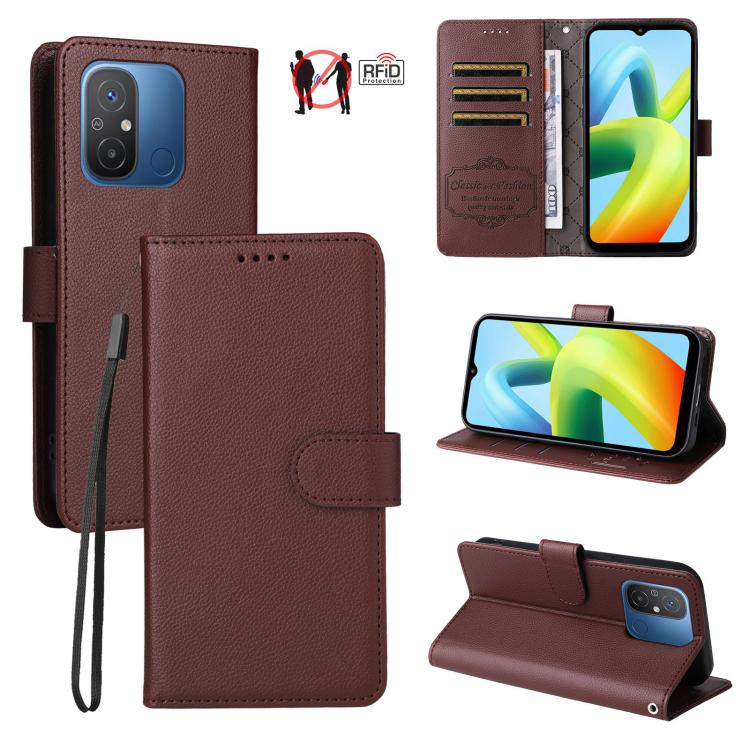 

For Redmi 12C / 11A / Poco C55 Litchi Texture RFID Blocking 3-Card Wallet Leather Phone Case(Brown)