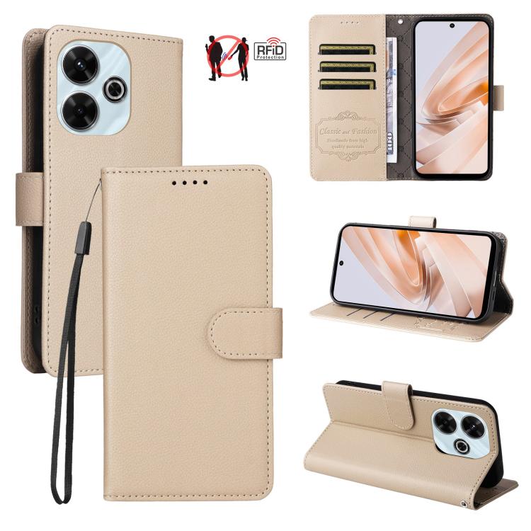 

For Redmi 13 4G / Note 13R 5G Litchi Texture RFID Blocking 3-Card Wallet Leather Phone Case(Beige)