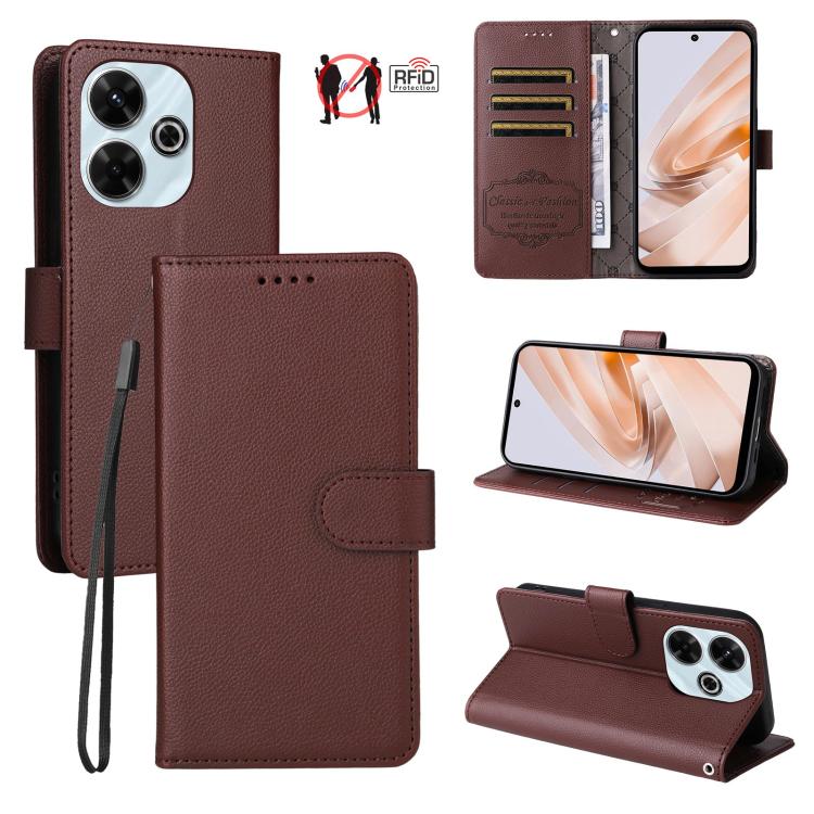 

For Redmi 13 4G / Note 13R 5G Litchi Texture RFID Blocking 3-Card Wallet Leather Phone Case(Brown)