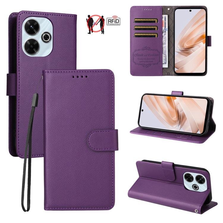 

For Redmi 13 4G / Note 13R 5G Litchi Texture RFID Blocking 3-Card Wallet Leather Phone Case(Purple)