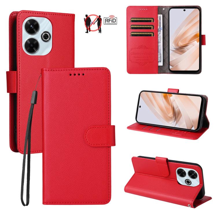 

For Redmi 13 4G / Note 13R 5G Litchi Texture RFID Blocking 3-Card Wallet Leather Phone Case(Red)