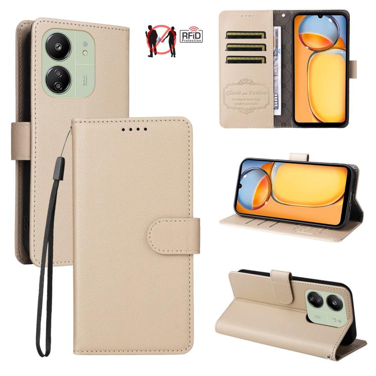 

For Redmi 13C 4G / 5G / 13R / Poco M6 5G Litchi Texture RFID Blocking 3-Card Wallet Leather Phone Case(Beige)