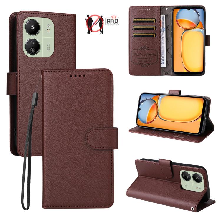 

For Redmi 13C 4G / 5G / 13R / Poco M6 5G Litchi Texture RFID Blocking 3-Card Wallet Leather Phone Case(Brown)