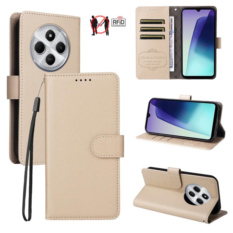 

For Redmi 14C 4G / 5G / 14R / Poco M7 Litchi Texture RFID Blocking 3-Card Wallet Leather Phone Case(Beige)