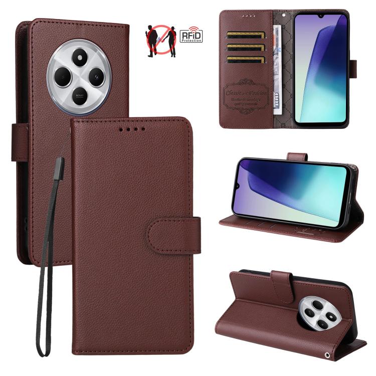

For Redmi 14C 4G / 5G / 14R / Poco M7 Litchi Texture RFID Blocking 3-Card Wallet Leather Phone Case(Brown)